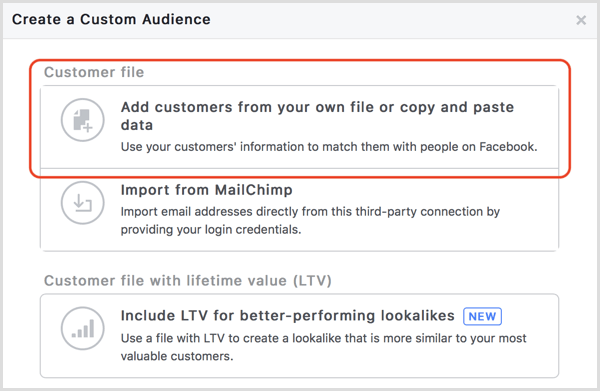 Facebook custom audience add customers from file