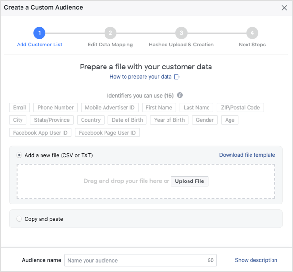 Choose the customer file you want to upload to Facebook.