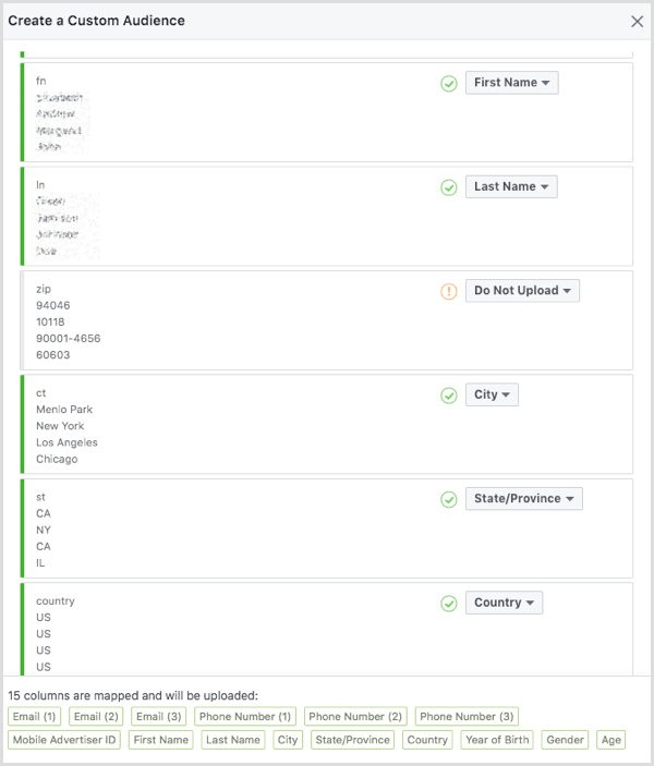 Map the identifiers you wish to use for your Facebook custom audience.