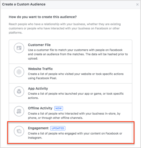 Select Engagement in the Create a Custom Audience dialog box.