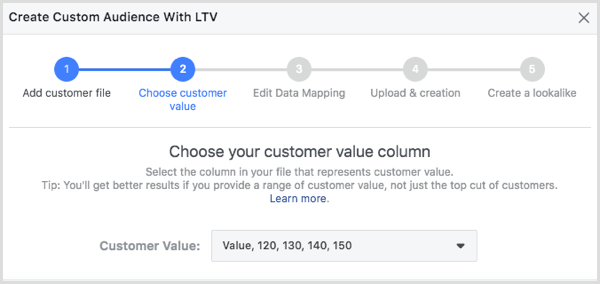 Choose your customer value column in the Create Customer Audience With LTV dialog box.