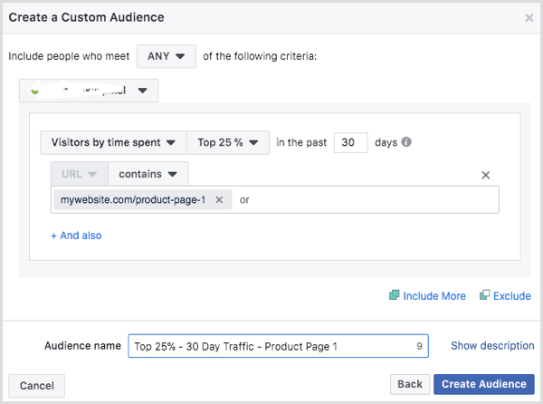 Select Visitors by Time Spent in the Create a Custom Audience dialog box.