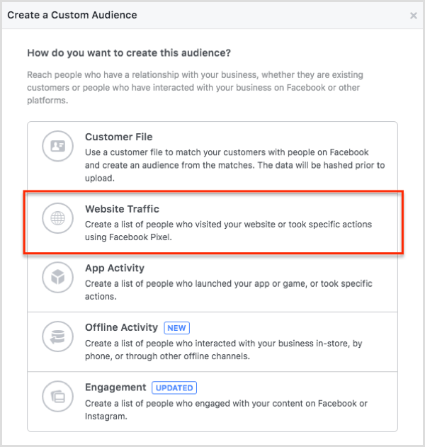 Create your Facebook custom audience from website traffic.