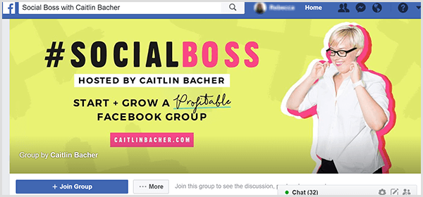 The Facebook group cover photo for Social Boss hosted by Caitlin Bacher has a yellow background, pink accents on the text, and a photo of Caitlin pulling up her shirt collar.