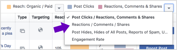 Fai clic sulla freccia accanto a Reazioni, commenti e condivisioni nelle informazioni sulle pagine di Facebook.