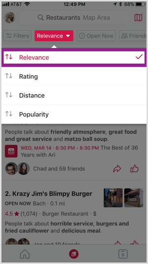 Choose a filter to sort your search results in the Facebook Local app.