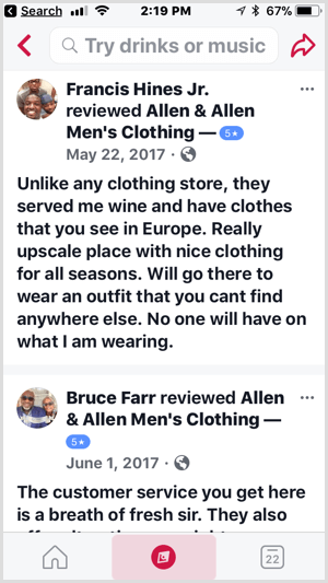 Customer reviews in the Facebook Local app.