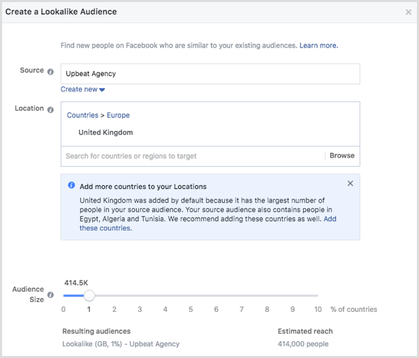 Choose the size of your Facebook lookalike audience.