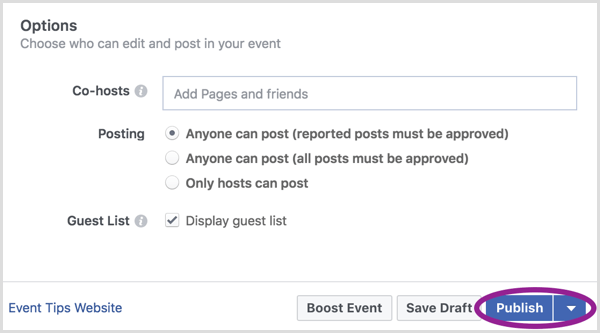When you're finished creating your Facebook event, click Publish.