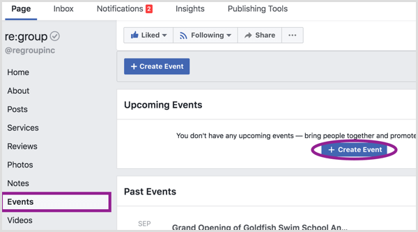 Click Events in the left column on desktop and then click the Create Event button.