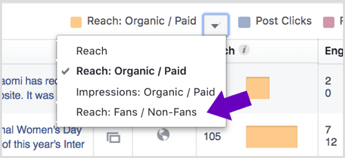 Click the arrow next to Reach: Organic/Paid in your Facebook Page Insights.