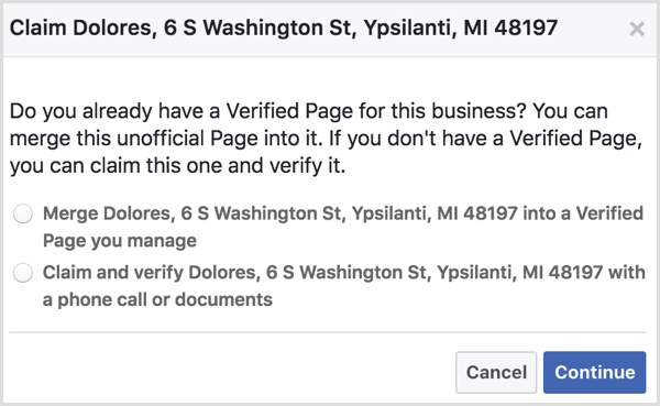 Select the option to merge an unofficial place page with a verified Facebook page you manage.