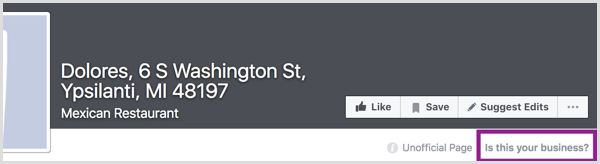 To claim a Facebook place page, click the Is This Your Business? button.
