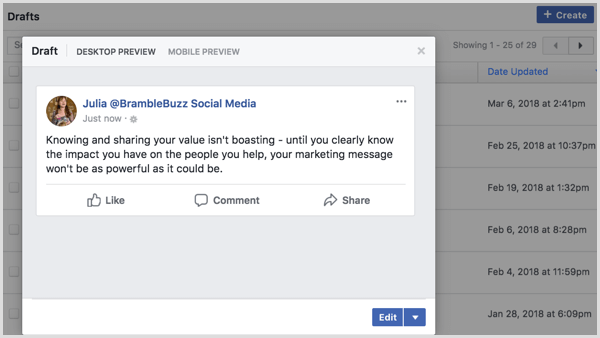 Open a saved Facebook draft from the Publishing Tools tab.