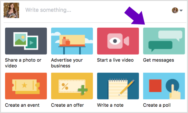 Fai clic sull'opzione Ricevi messaggi per creare un post su Facebook.