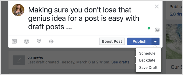 Save your Facebook post as a draft.