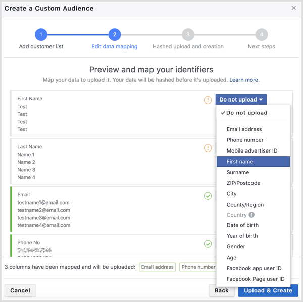 Facebook customer file indicators