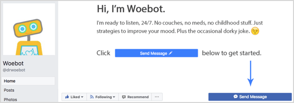 The Send Message button on the Woebot Facebook page.