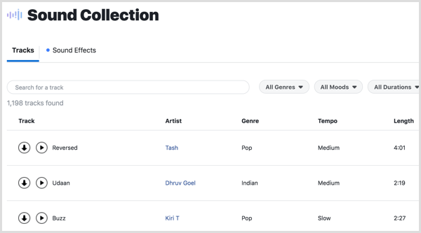 Download music tracks and sound effects in the Facebook Sound Collection.