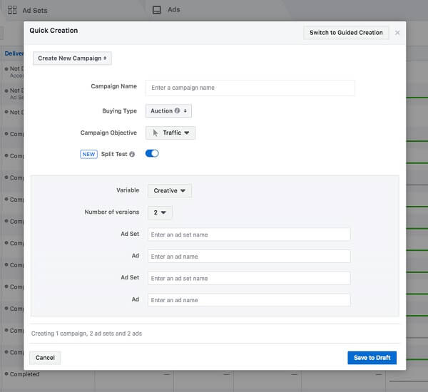 Facebook rolled out an update that allows split tests to be easily created in the Quick Creation flow.