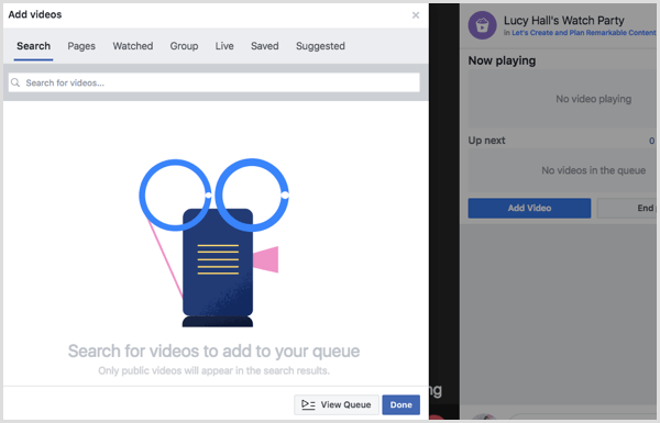 Wählen Sie eine Quelle aus, um Videos zu Ihrer Facebook Watch Party-Warteschlange hinzuzufügen.