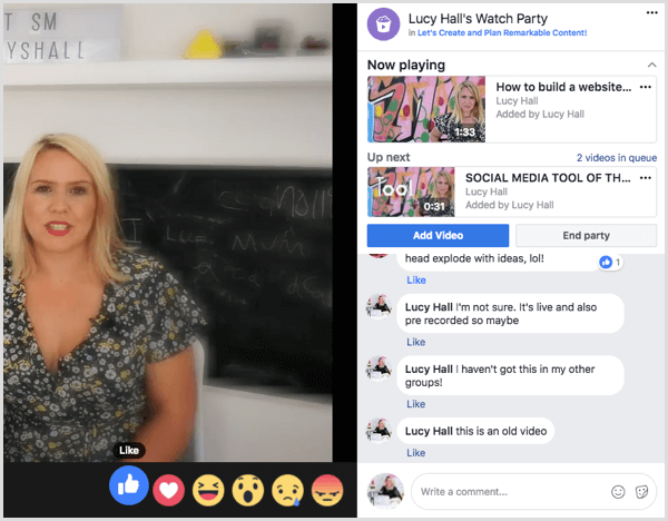 Gruppenmitglieder können Videos während einer Facebook-Watch-Party kommentieren und darauf reagieren.