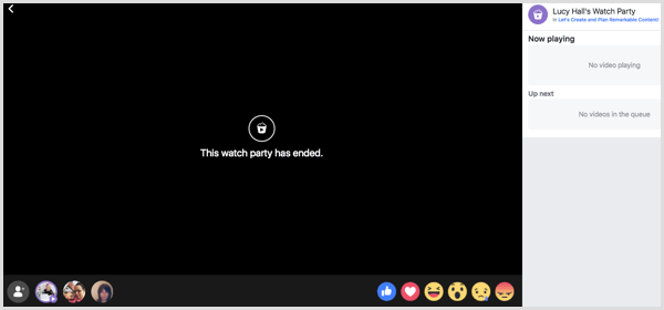 Facebook displays the message 'The watch party has ended.