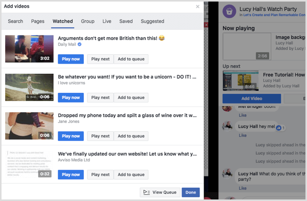 Click Play Now to a new video during your Facebook watch party.