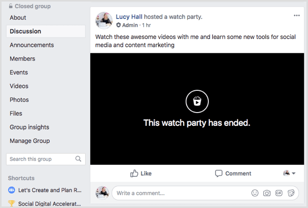 A Facebook watch party post in the group feed.