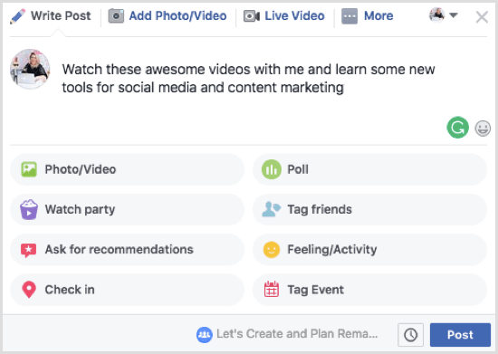 Wenn Sie vorhaben, eine Reihe von Videos auf Ihrer Facebook-Party zu teilen, machen Sie dies im Beschreibungsfeld deutlich.