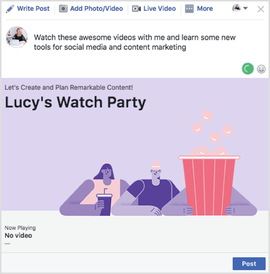 Klicken Sie auf Posten, um Ihren Facebook Watch Party-Beitrag zu veröffentlichen.