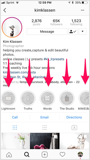 Instagram branded highlights on Kim Klassen profile.