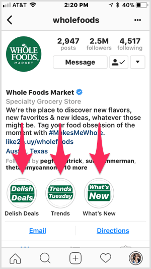 Instagram highlights on Whole Foods profile.