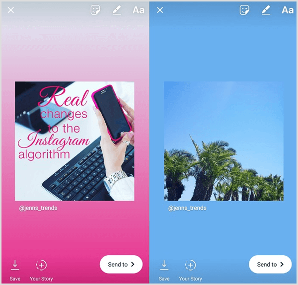 A reshared post in your Instagram story shows the original post as a square image with the username of the account beneath it.