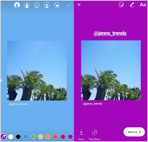 Tippen und halten Sie den Hintergrund eines erneut freigegebenen Instagram-Posts, um ihn mit der Farbe Ihrer Wahl zu füllen.