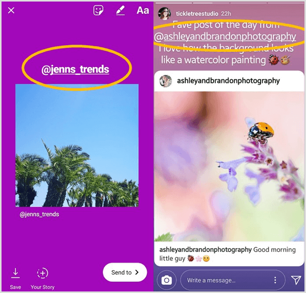 Fügen Sie ein Textfeld hinzu, in dem der ursprüngliche Benutzer aufgelistet ist, und markieren Sie ihn in einem erneut freigegebenen Instagram-Beitrag.