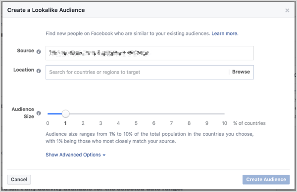 Set Facebook lookalike audience size. You can control the size with a slider that appears when you create the audience.