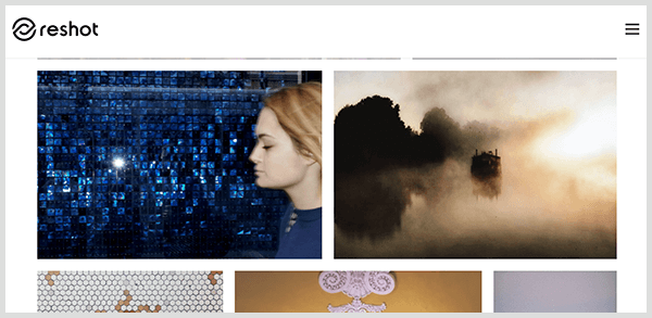 Reshot is stock photo site with curated images. Screenshot of photo library on Reshot website includes profile of white woman with blonde hair in front of iridescent blue tile and a misty landscape with silhouetted trees.