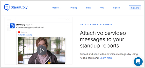 The Standuply website shows an image of a video note added with the Standuply plugin inside a Slack message.