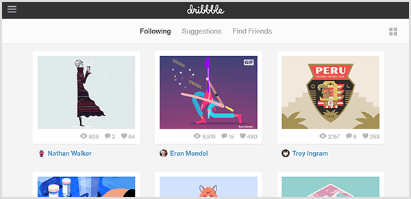 The Dribbble Following tab displays images from designers including a side view of a person wearing a black coat fluttering forward in the wind, an abstract illustration of a person in turquoise pants and pink boots on a purple gradient background, and a crest for Peru on a beige background.