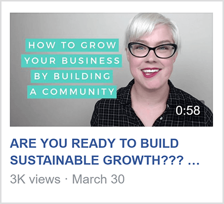 To teach in a Facebook group, Caitlin Bacher shares video like this video with the text How To Grow Your Business By Building A Community and an image of Caitlin from the shoulders up and facing the camera.