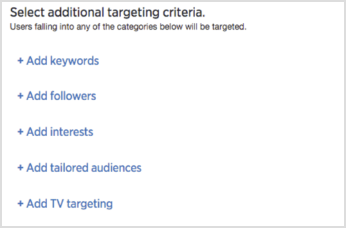Select Additional Targeting Criteria options for Twitter Ads campaign.