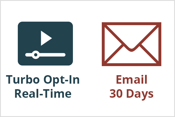 A turbo opt-in that Nicole Walters recommends works in real time as illustrated with a video player icon and blue text. An email sequence takes about 30 days to convert as illustrated with a maroon envelope icon and text. 