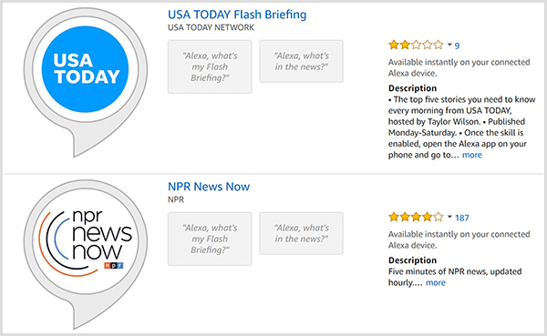 Alexa flash briefing listings have a gray speech bubble with a round logo of the producer such as USA TODAY or NPR. The listings also include a star rating and description.