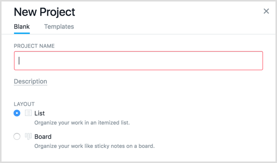 Asana create new project