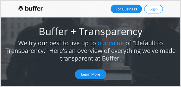 The Buffer web page for radical company transparency has a dark background with the text We Try Our Best To Live Up To Our Value Of Default To Transparency. Here's An Overview Of Everything We've Made Transparent At Buffer. A blue Learn More button appears below the text.