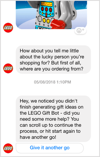 Facebook Messenger bot automated followup example