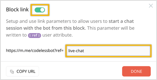 ChatFuel Block Link option