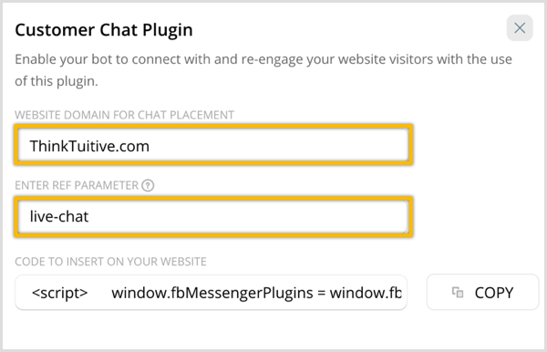 ChatFuel configure customer chat plugin