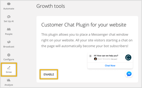 ChatFuel enable customer chat plugin